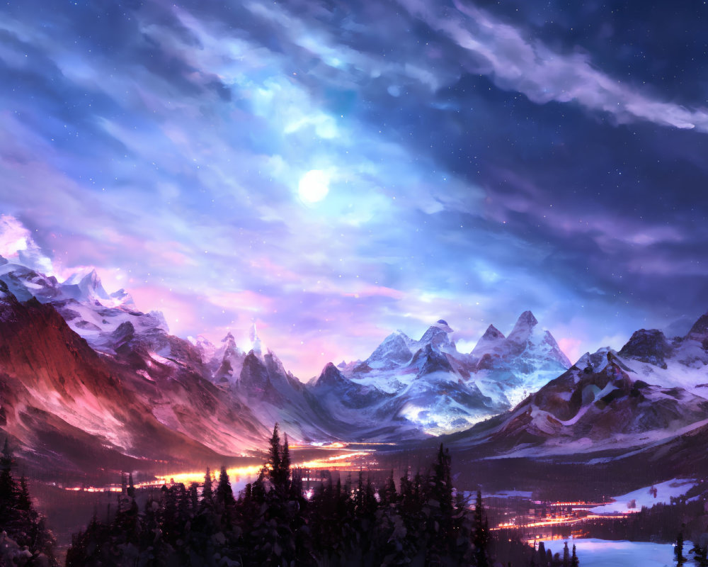 Digital Art: Majestic Nighttime Mountain Landscape with Glowing Moon