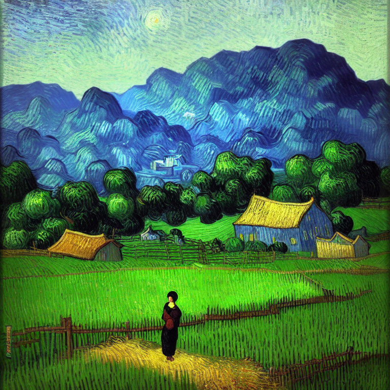 Colorful swirling sky, figure, cottages, and hills in Van Gogh style