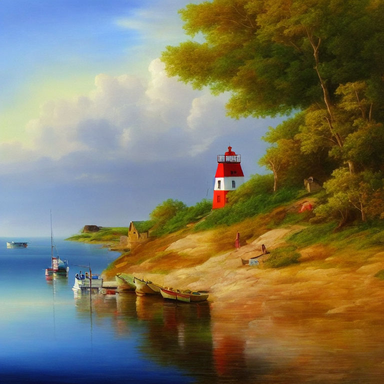 Tranquil riverside view with red-roofed lighthouse, moored boats, and lush