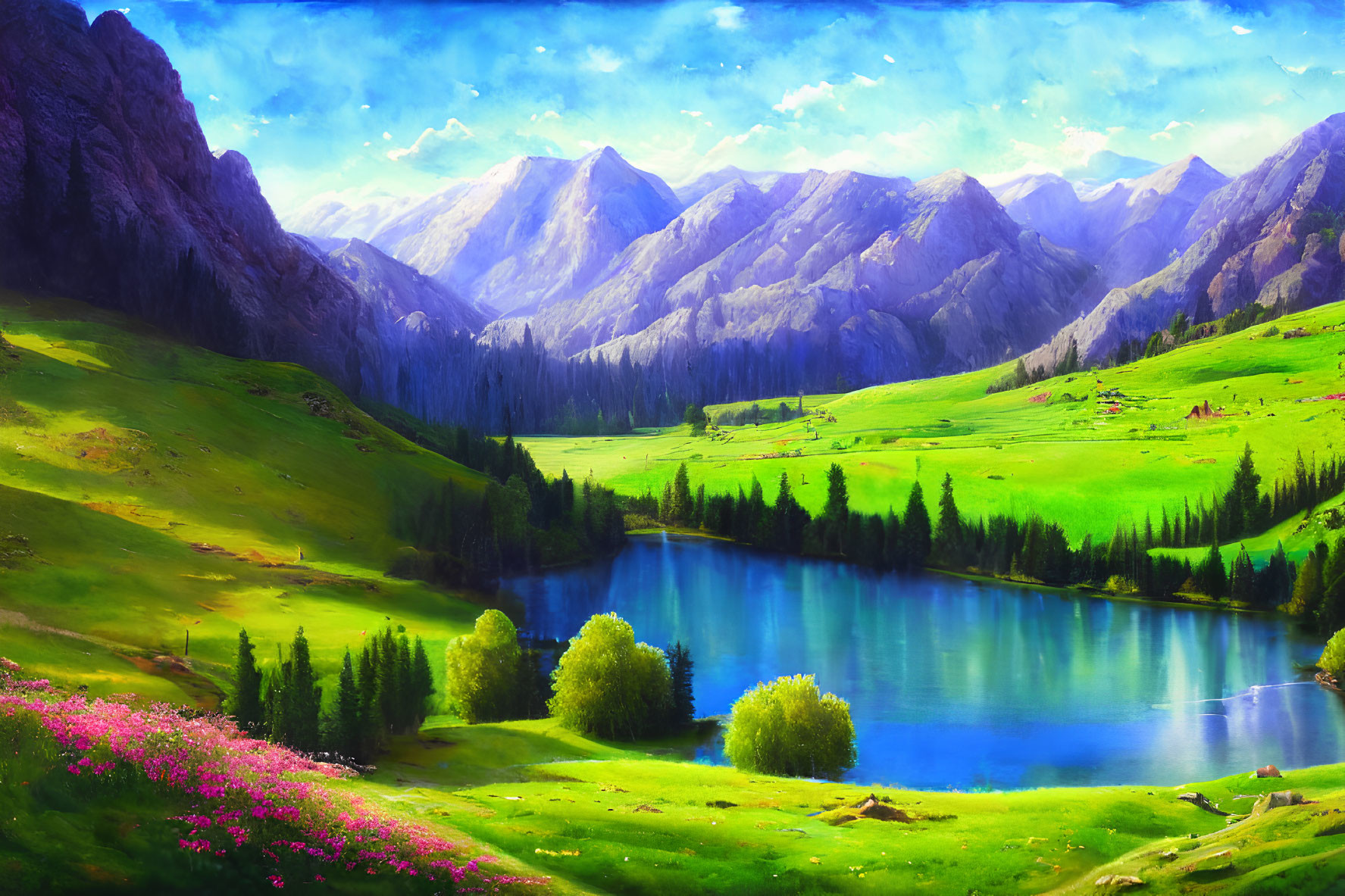 Colorful Animated Landscape: Blue Lake, Green Meadows, Mountains