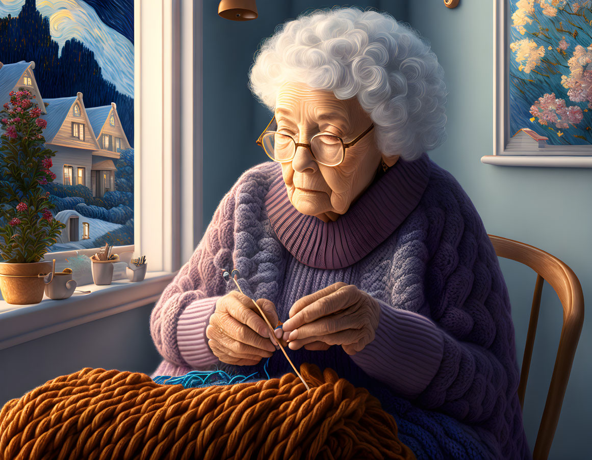 Elderly woman knitting by window with twilight landscape view