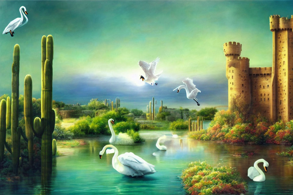 Swans Flying and Cacti in Surreal Landscape with Castle and Cloudy Sky