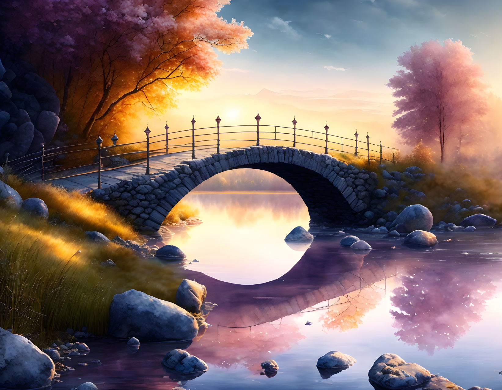 Tranquil sunset scene with bridge over calm river