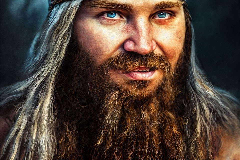 Detailed Close-Up Portrait of Man with Long Blonde Hair and Blue Eyes