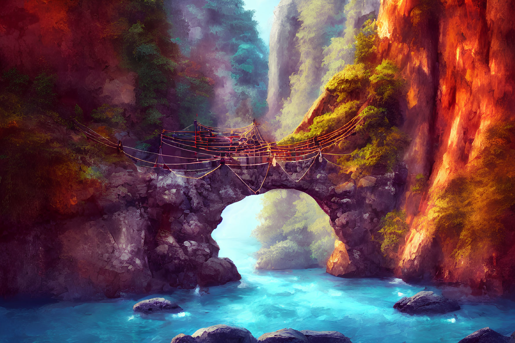 Rustic rope bridge over river in colorful canyon with arched rock formation