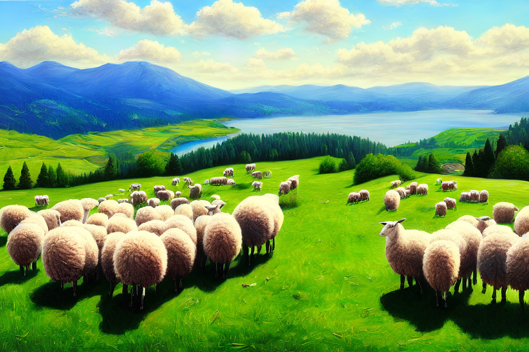 Sheep grazing on lush green hillside with mountains and river backdrop