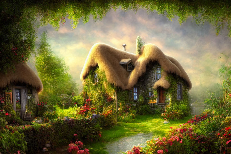 Quaint cottage with mossy thatched roofs and colorful gardens