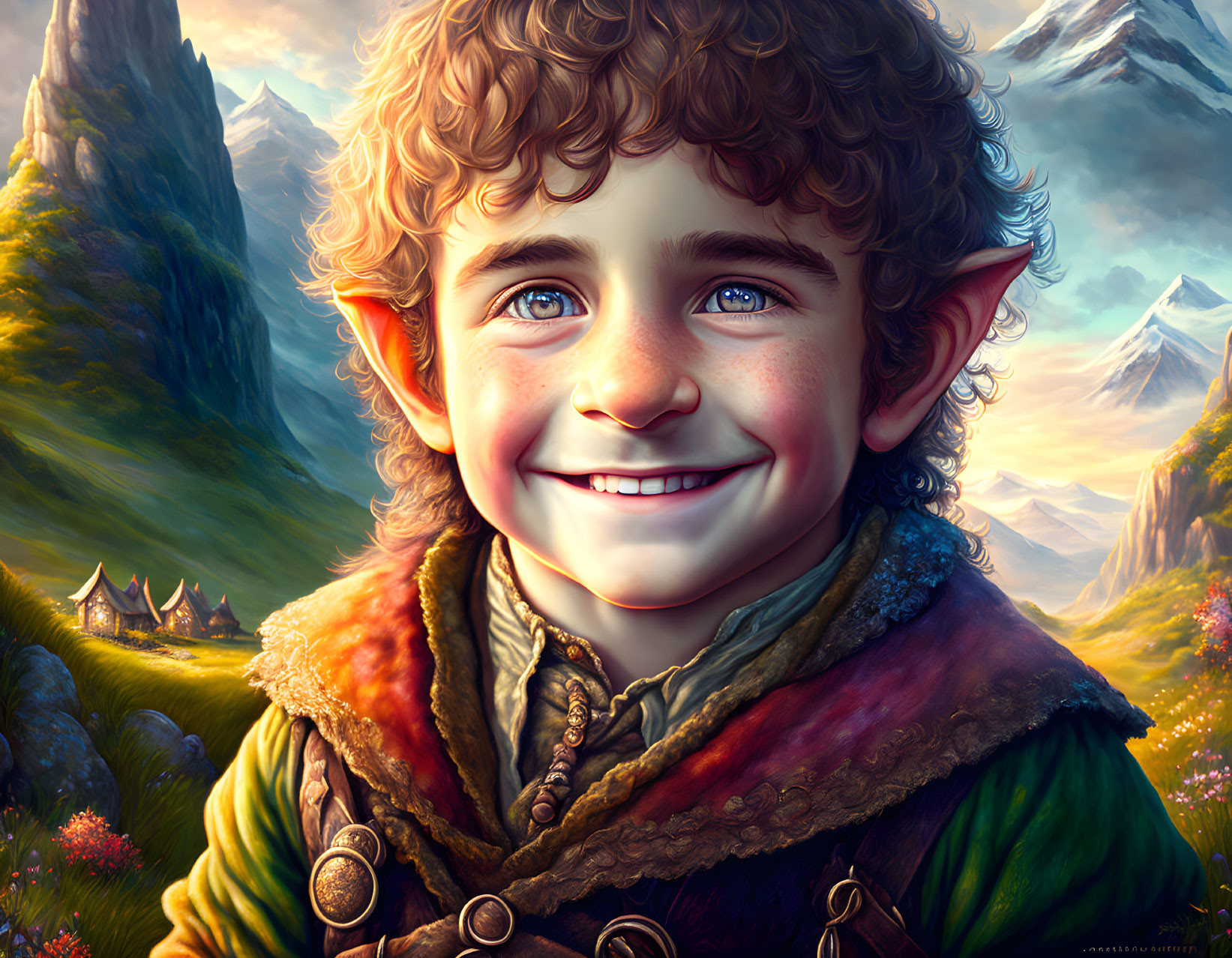 Smiling hobbit in vest and cloak in fantasy landscape