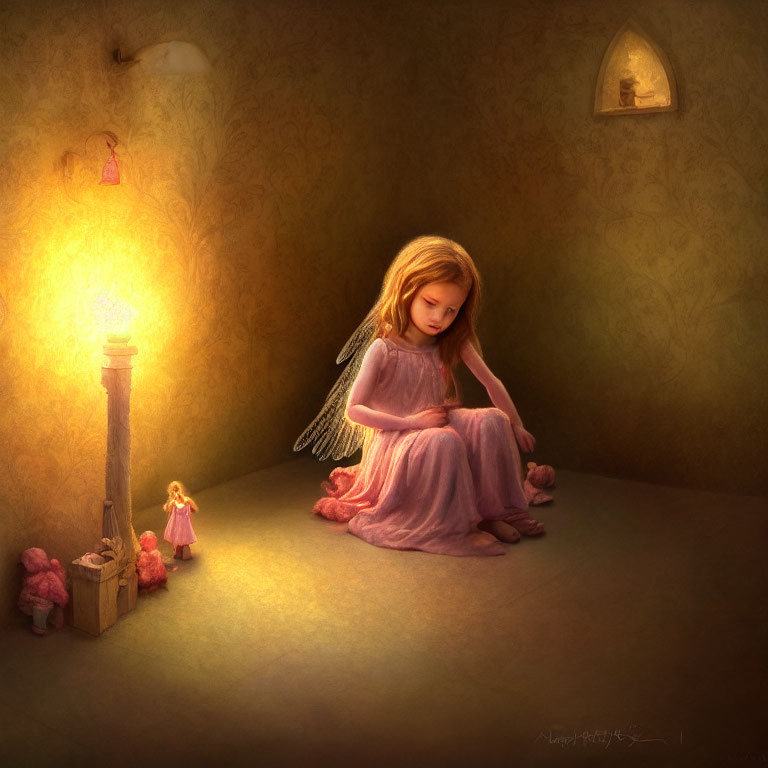 Young girl in pink dress surrounded by toys under warm lamppost light.