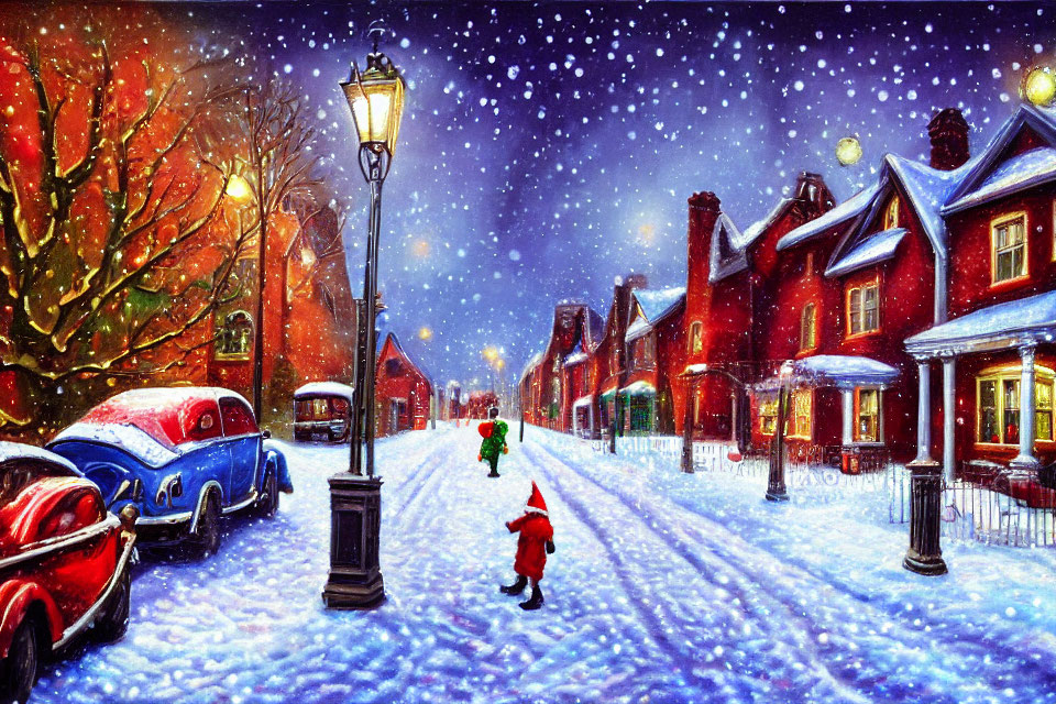 Snow-covered street with colorful houses, vintage car, street lamp, and children playing in winter scene