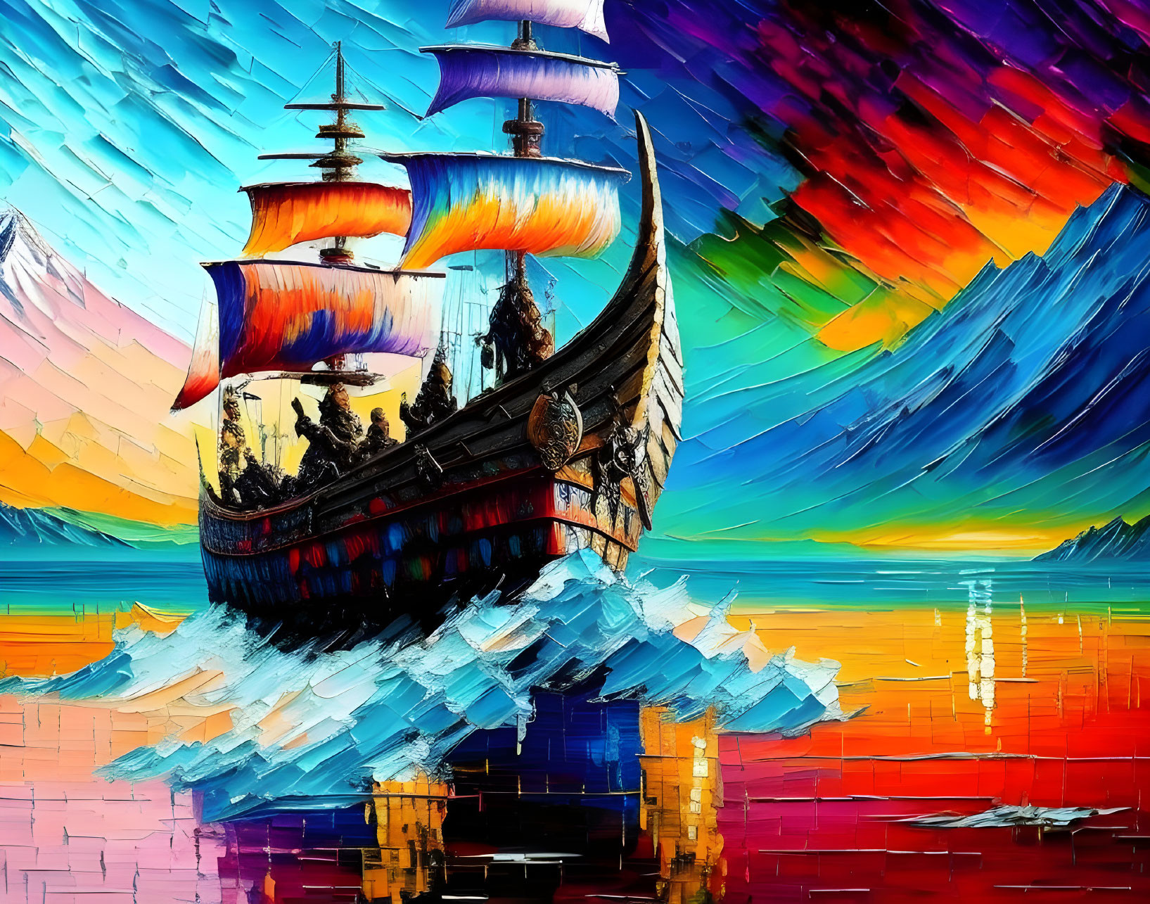 Colorful Ship Painting with Mountains and Dynamic Sky