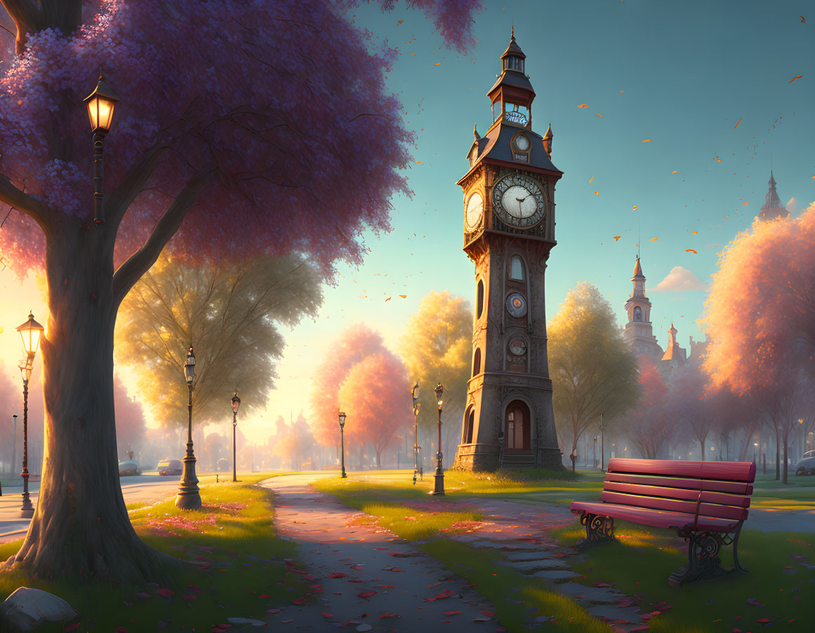 Cherry Blossom Park Sunset Scene with Clock Tower and Red Bench