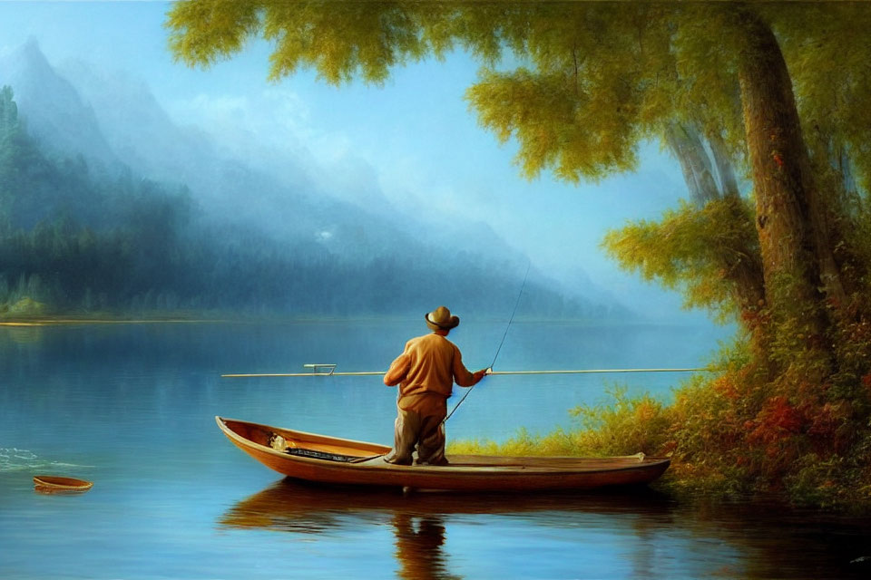 Person fishing in small boat on calm lake with misty mountains, lush greenery.