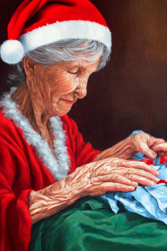 Elderly woman in Santa hat sewing with experienced hands