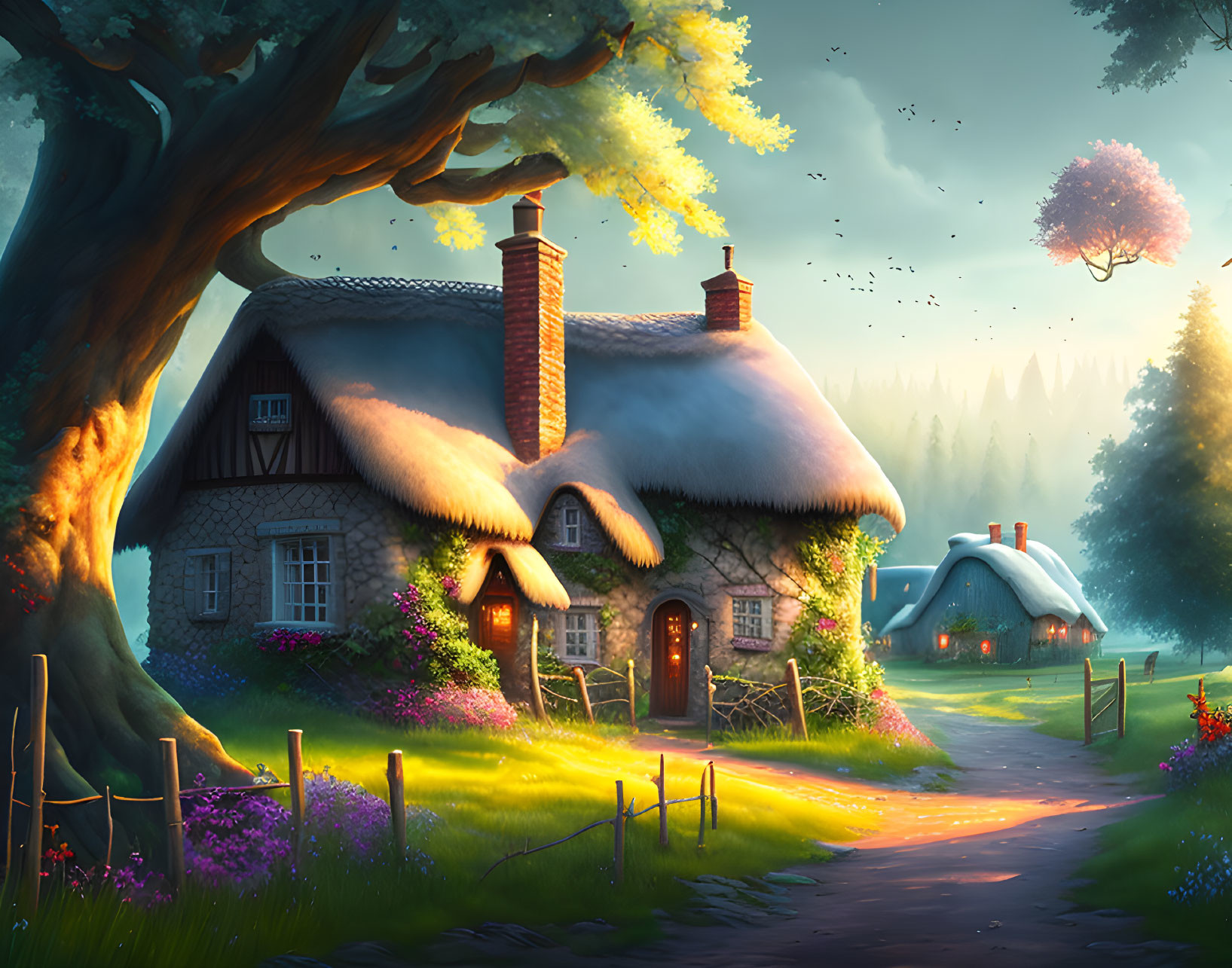 Quaint Thatched Roof Cottage in Forest Setting at Sunset