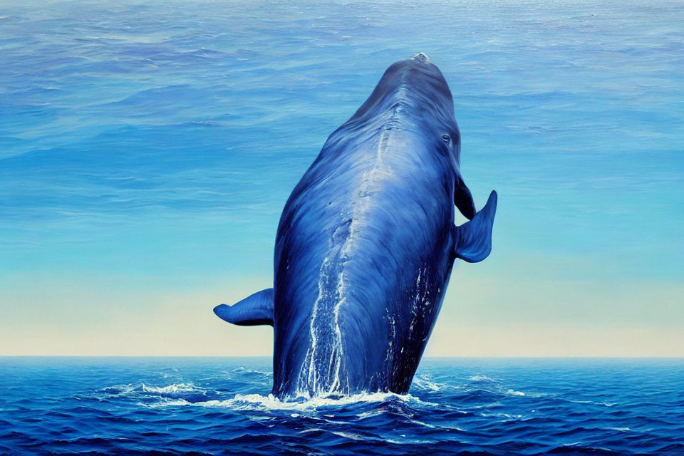 Giant blue whale breaching ocean surface with cascading water against serene backdrop