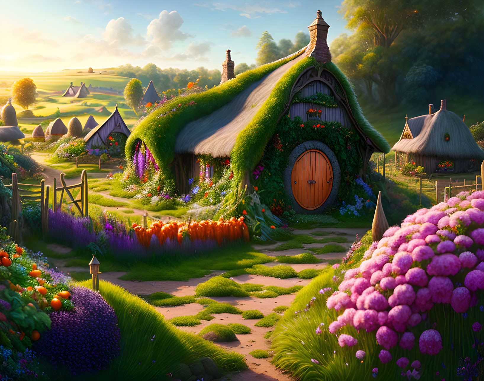 Quaint fantasy village with hobbit-like houses and colorful gardens