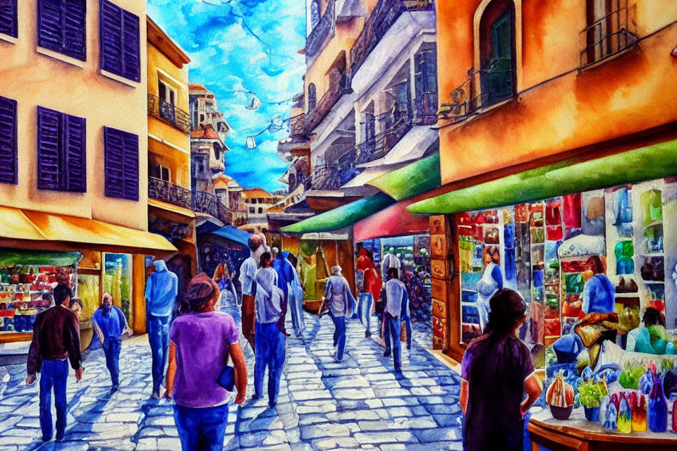 Colorful watercolor painting of bustling street market scene