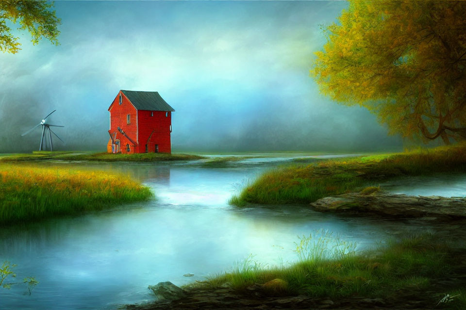 Tranquil landscape with red house, stream, windmill, greenery & fog