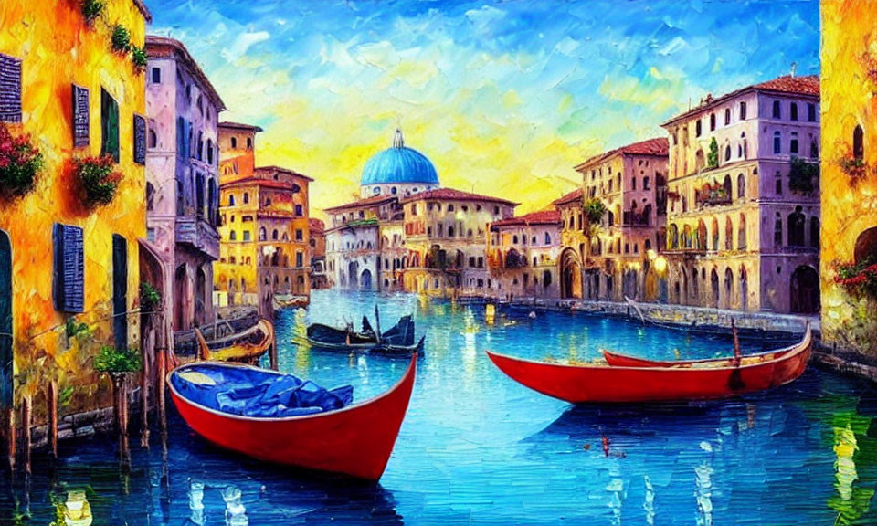 Vibrant painting of Venetian canal at sunset