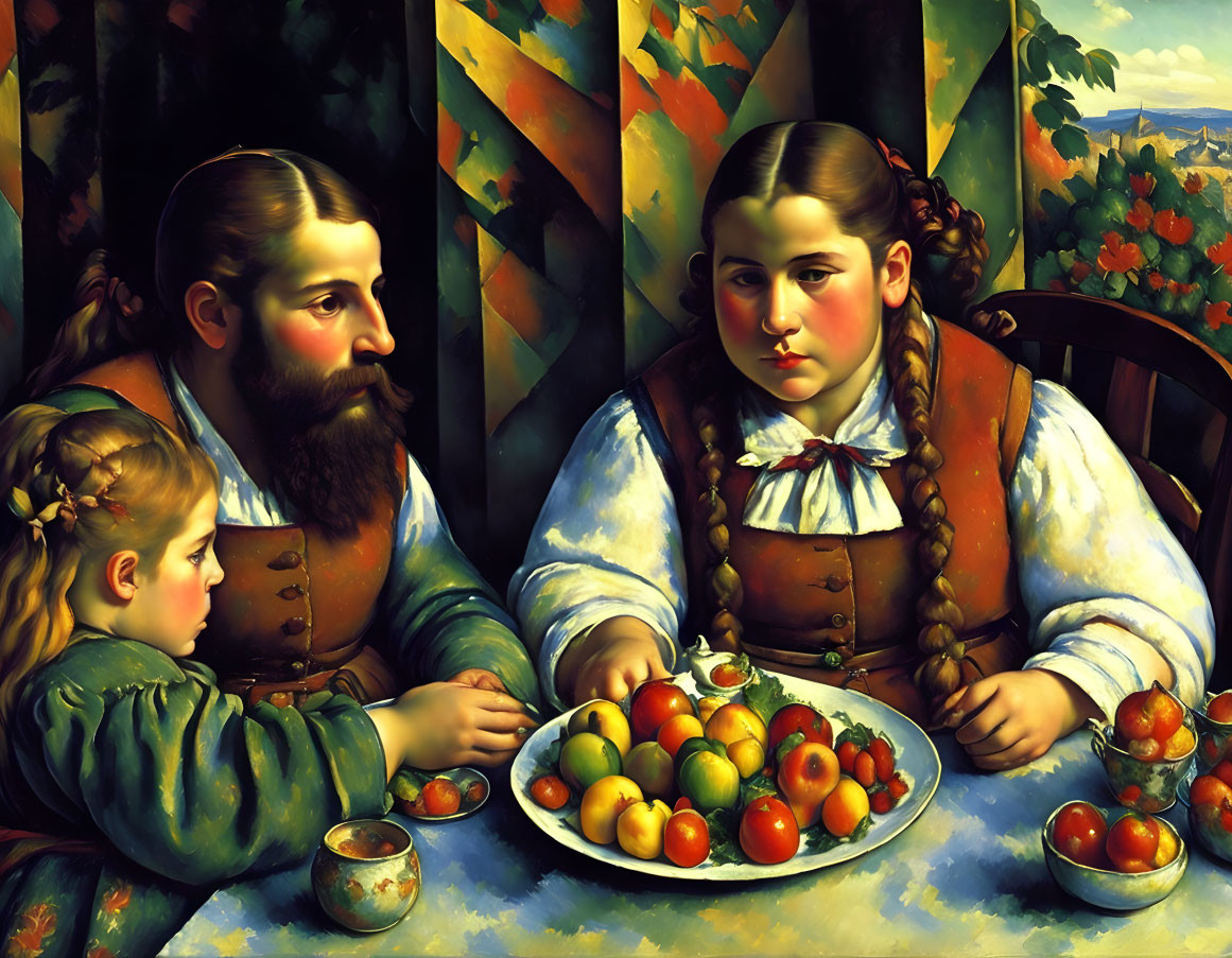 Bearded man, two girls in traditional attire, fruit bowl, stained glass backdrop