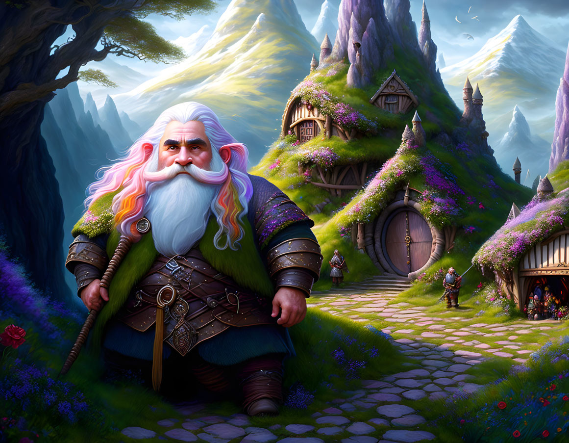 Majestic bearded dwarf in armor in fantasy village with lush landscape