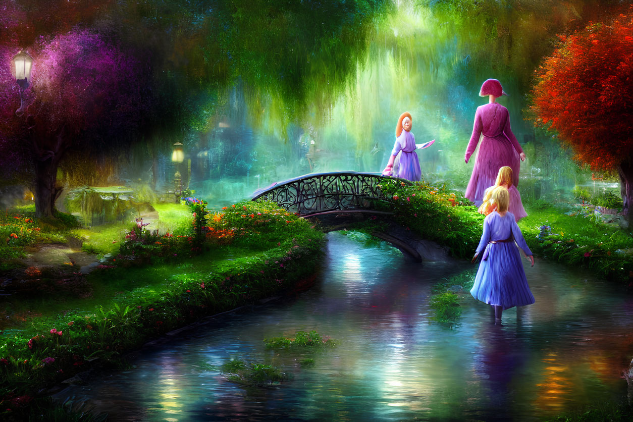 Colorful fantasy garden with stream, bridge, and four figures in period attire