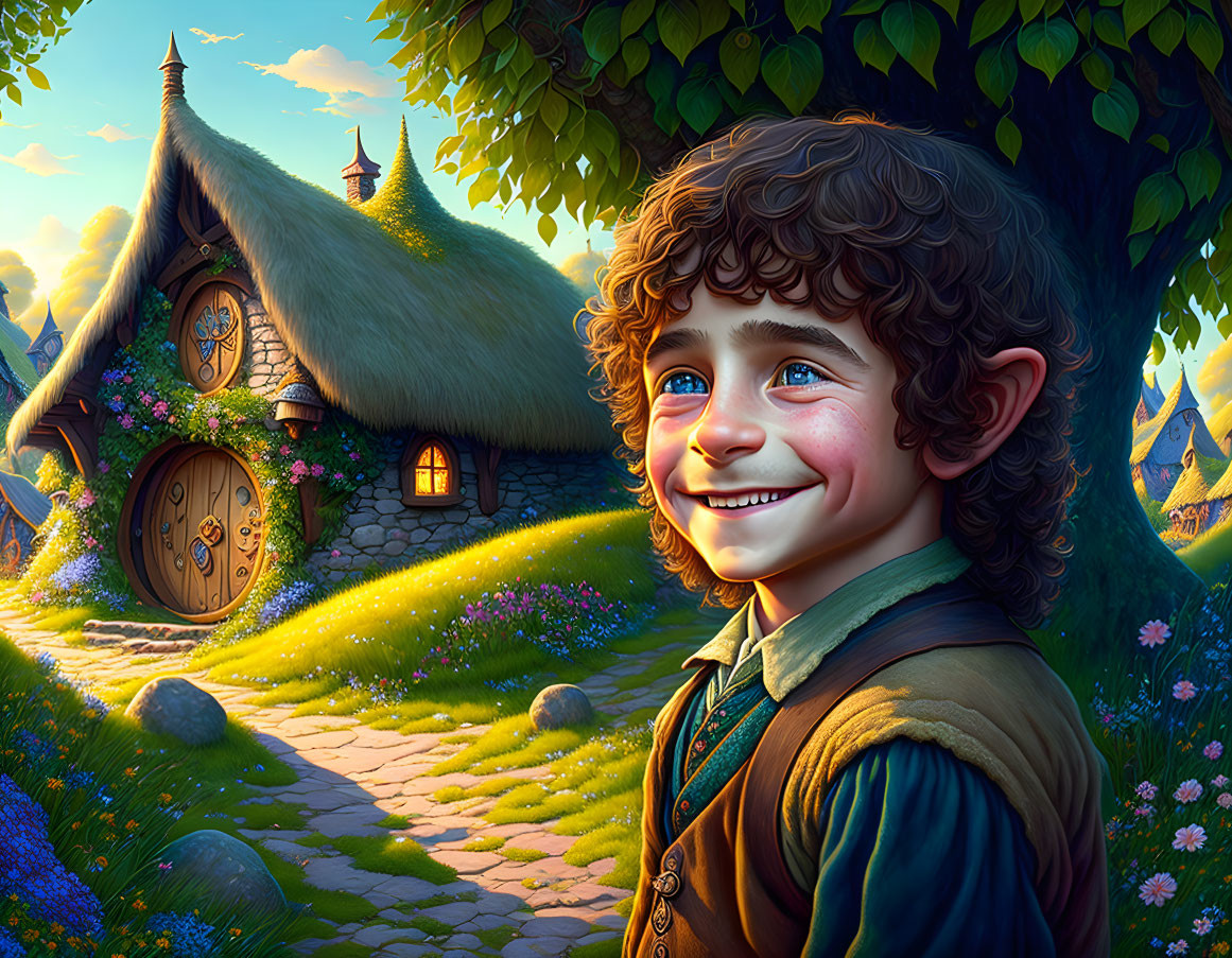 Cheerful hobbit-like character at cozy thatch-roofed cottage in idyllic landscape