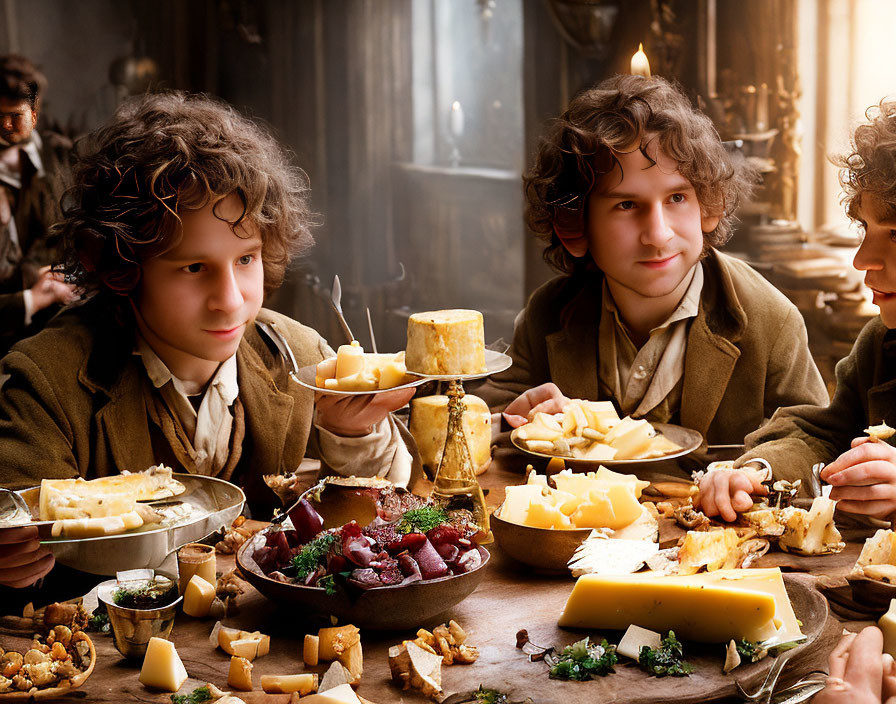 Group enjoying bountiful feast with cheeses, meats, and bread in rustic setting