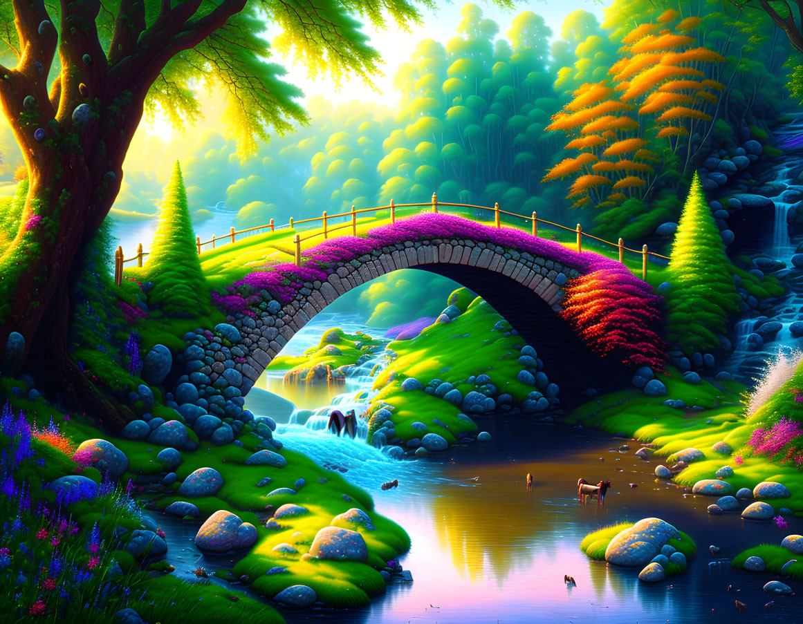 Colorful Sunset Scene: Arched Stone Bridge in Lush Landscape