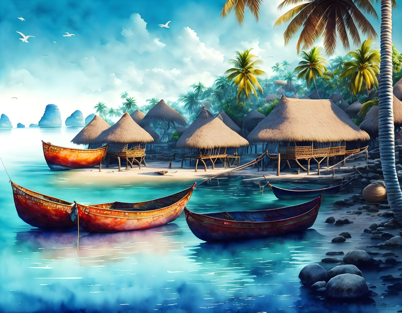 Tropical Beach Scene with Thatched Huts, Boats, Palm Trees, and Rock Formations