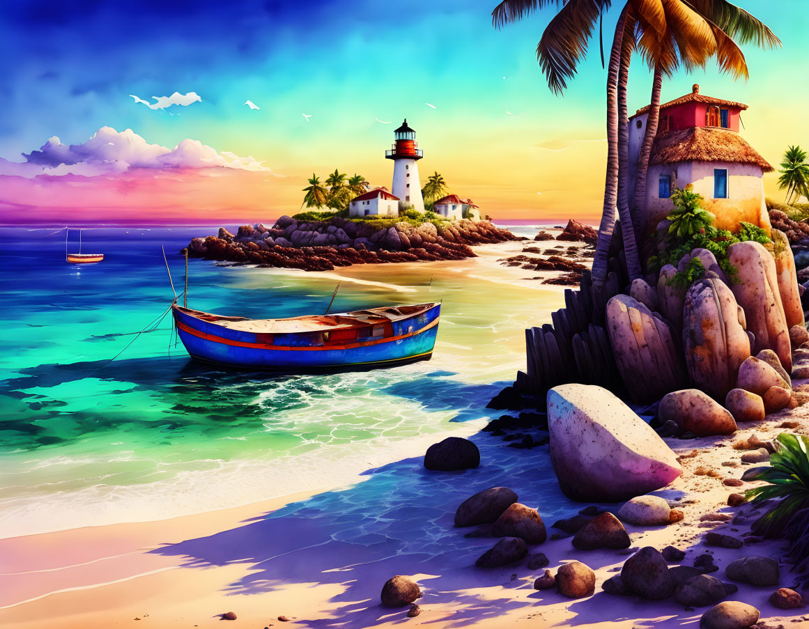 Tropical beach scene with lighthouse, palm trees, boat, azure waters, colorful sunset sky