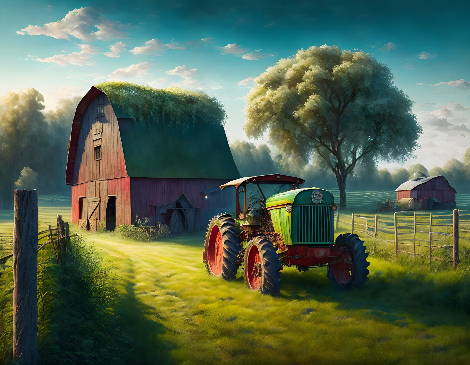 Vintage red barn and green tractor in serene farm scene.