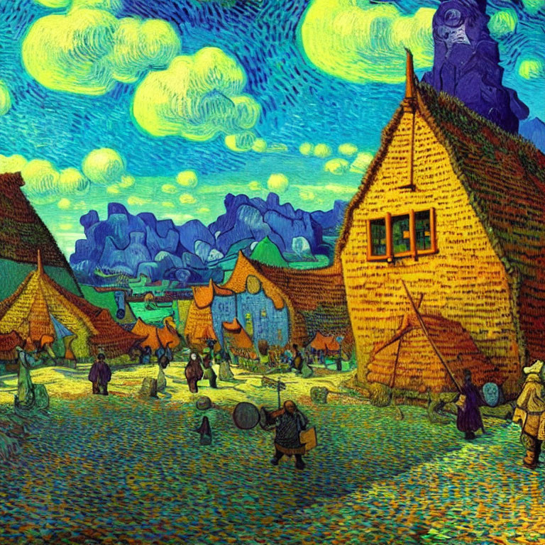 Colorful Painting of Rustic Village Scene with Swirl Pattern Sky