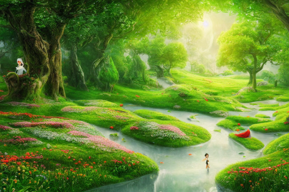 Lush Green Forest with Blooming Flowers and Child Playing by Stream