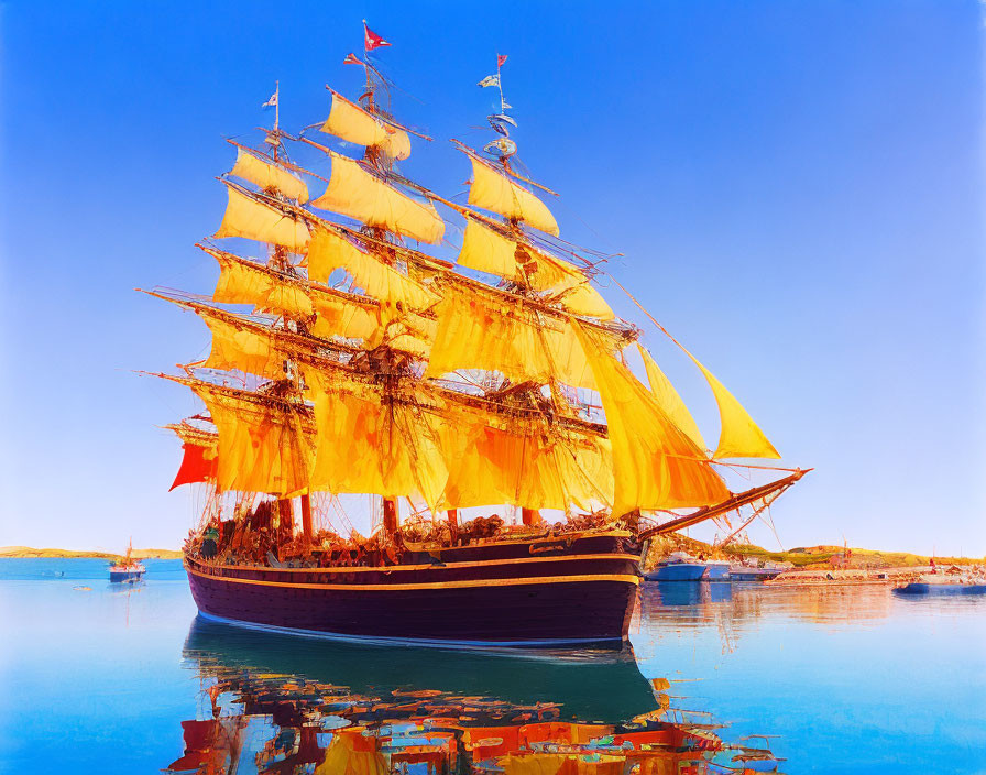 Tall ship with multiple sails in golden sunlight on calm blue water