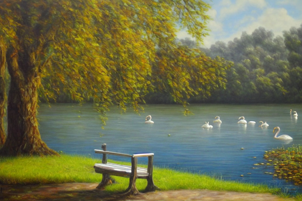 Tranquil lakeside with swans, tree, bench, and lush greenery