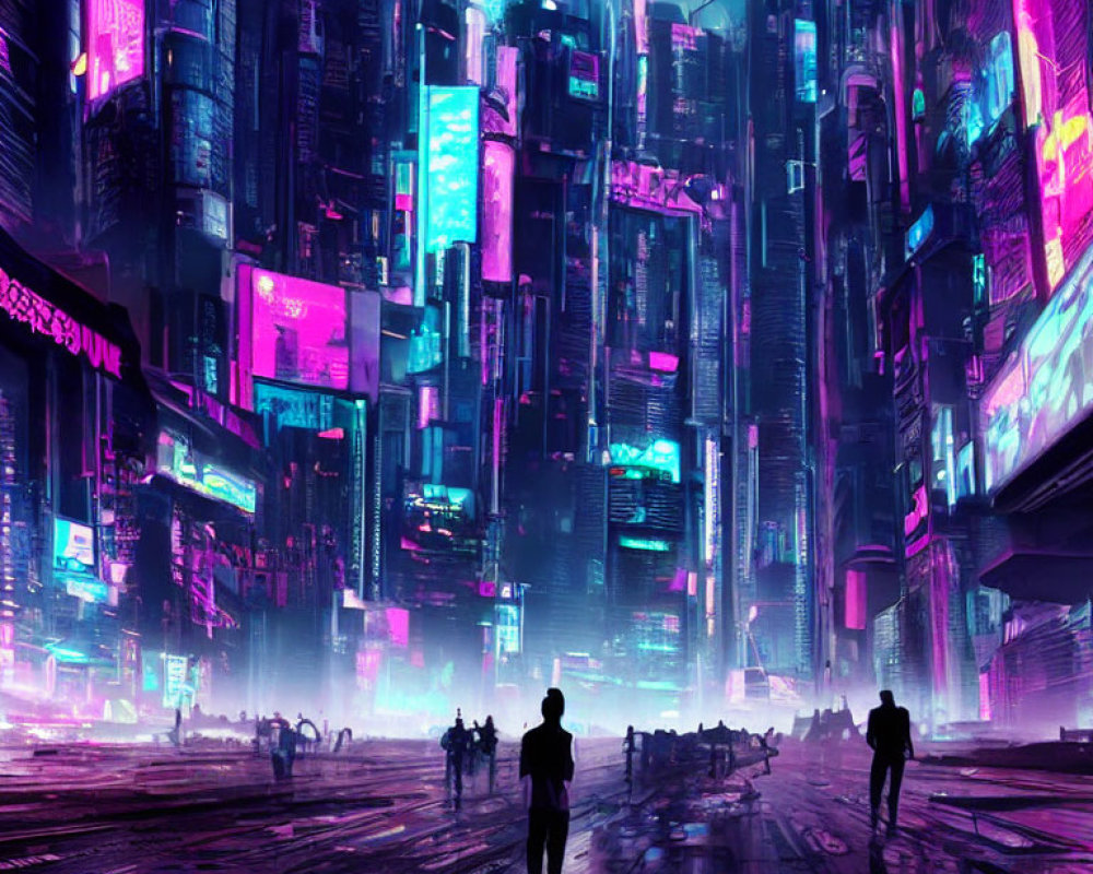 Futuristic cityscape with neon lights and skyscrapers at night