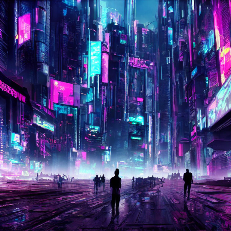 Futuristic cityscape with neon lights and skyscrapers at night