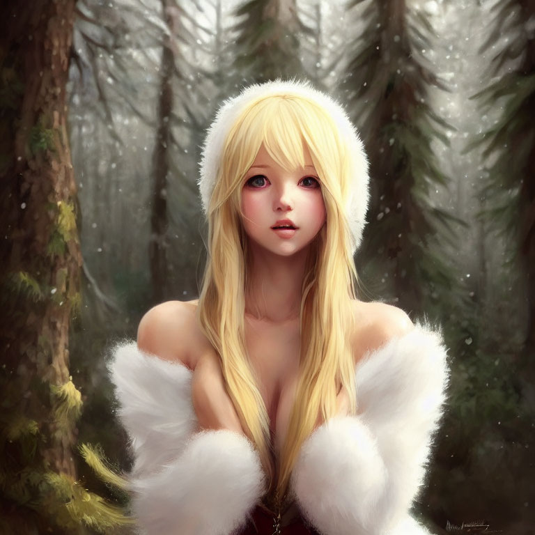 Blonde woman in fur coat and hat in misty forest landscape