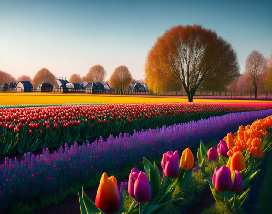 Colorful tulip fields at sunset with trees and farm buildings.