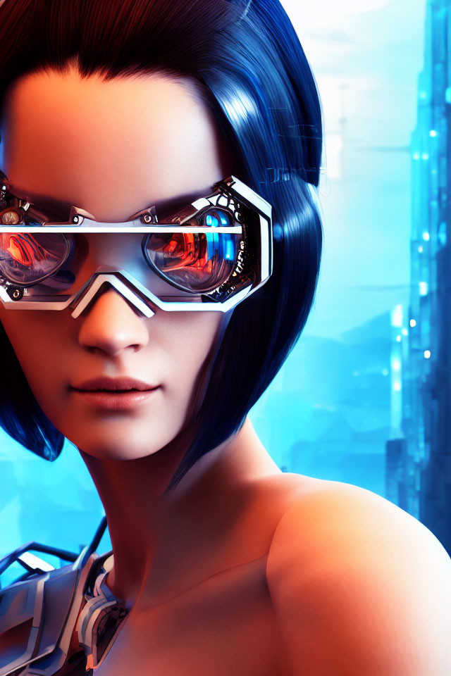 Futuristic digital artwork of woman with cybernetic enhancements in neon cityscape