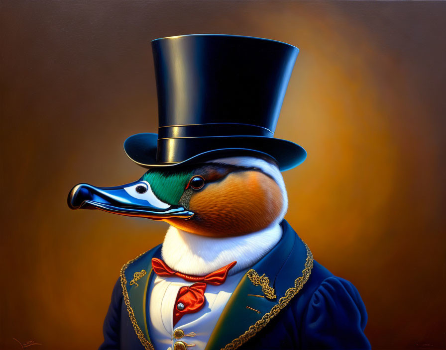 Anthropomorphic duck in formal attire against warm background