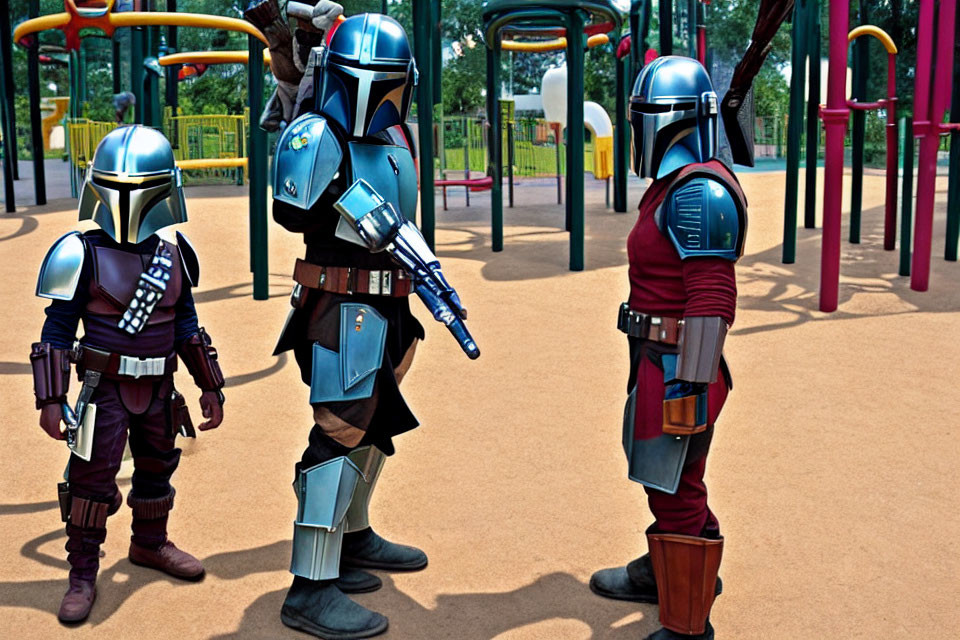 Two Mandalorian-armored figures in a vibrant playground setting.