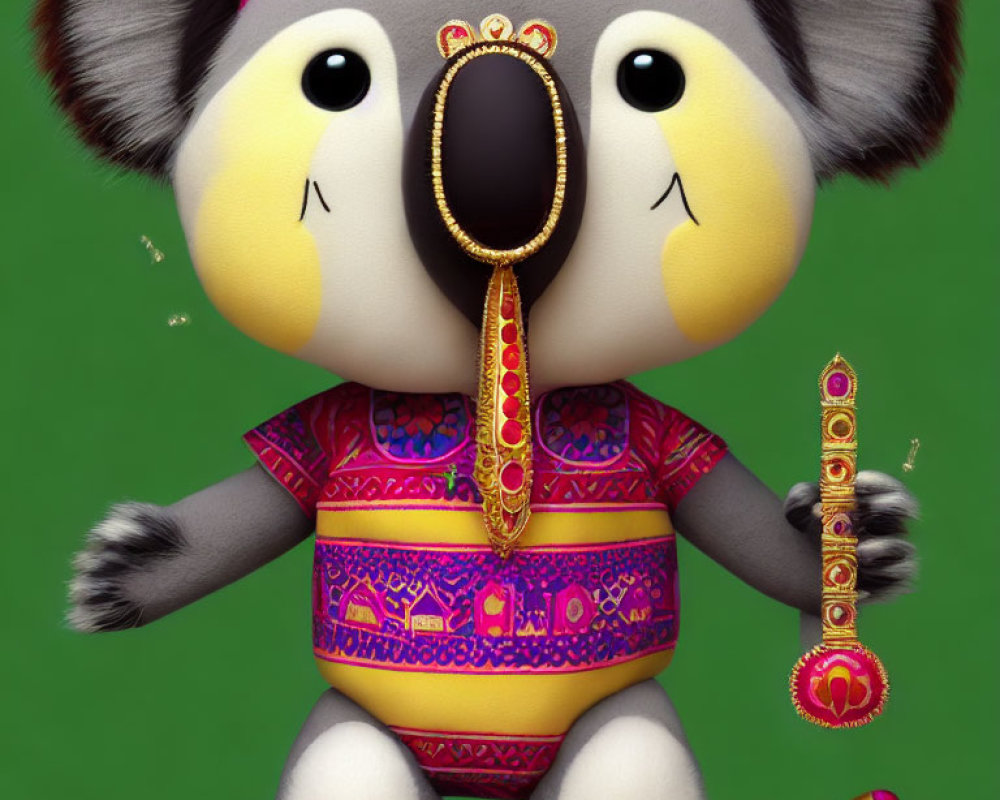 Anthropomorphic Koala in Indian Attire on Green Background