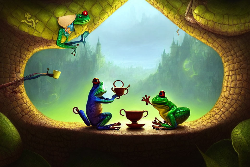 Colorful Frogs Tea Party on Fantasy Tree Branch with Castle Landscape