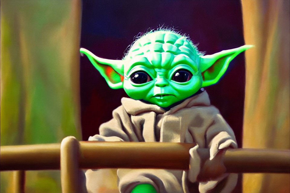 Baby Yoda Illustration in Brown Robe with Large Eyes and Ears