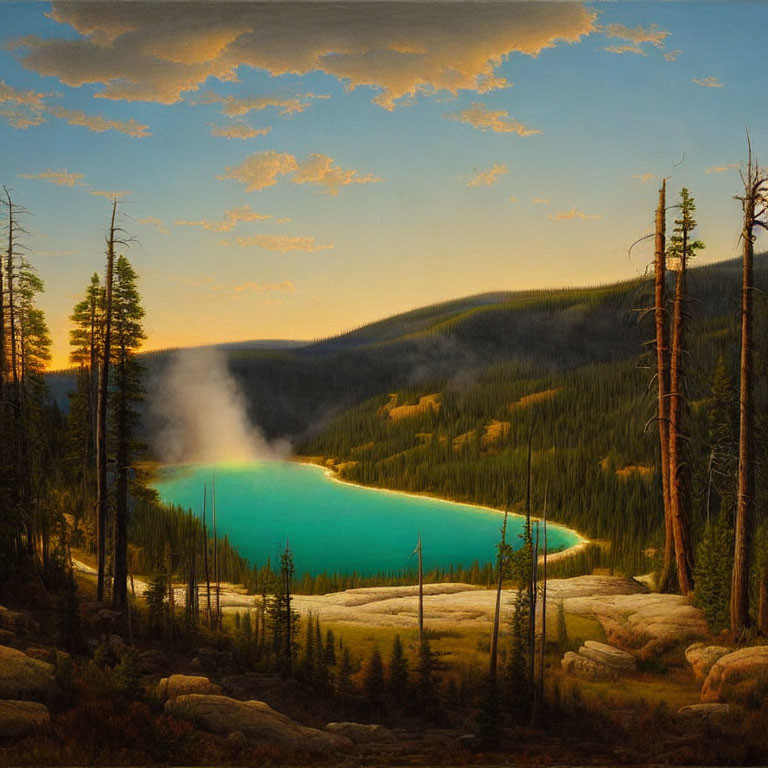 Serene mountain lake at sunrise with mist and evergreen trees