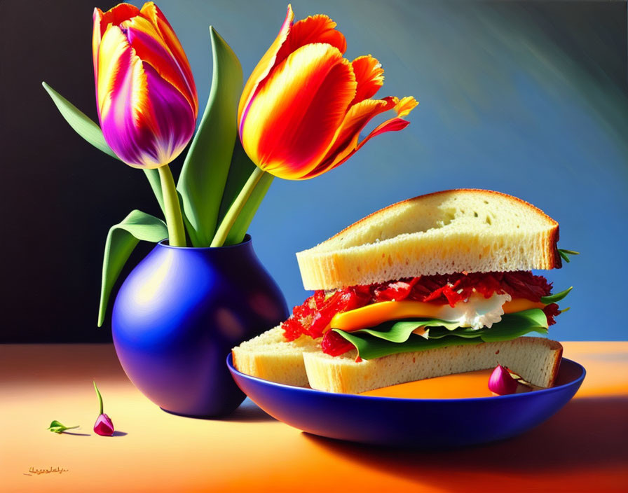 Colorful painting of sandwich, lettuce, tomato, blue plate, tulips, purple backdrop