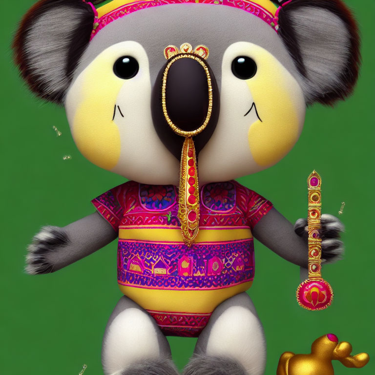 Anthropomorphic Koala in Indian Attire on Green Background